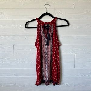 Japna red white blue tunic blouse sleeveless with tassel tie neckline XS